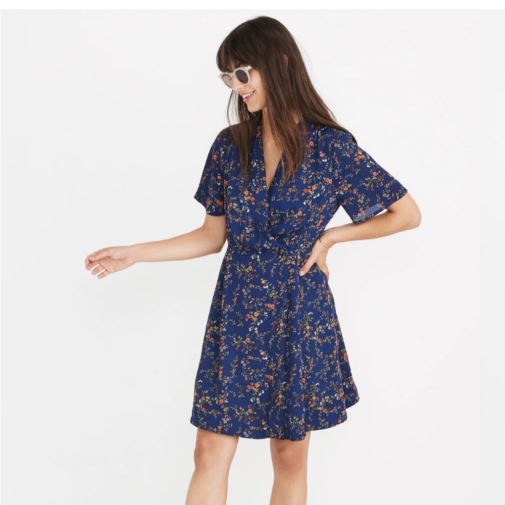 Madewell Navy Floral Short-Sleeve Amaranth Wrap Dress